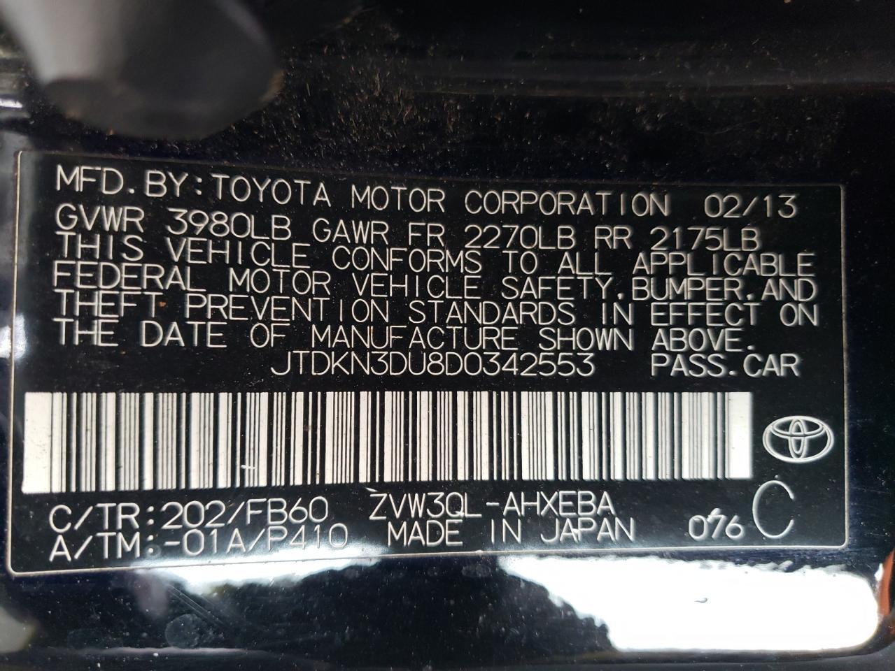 2013 Toyota Prius VIN JTDKN3DU8D0342553 Copart auction photo, side / hail damage thumbnail 12