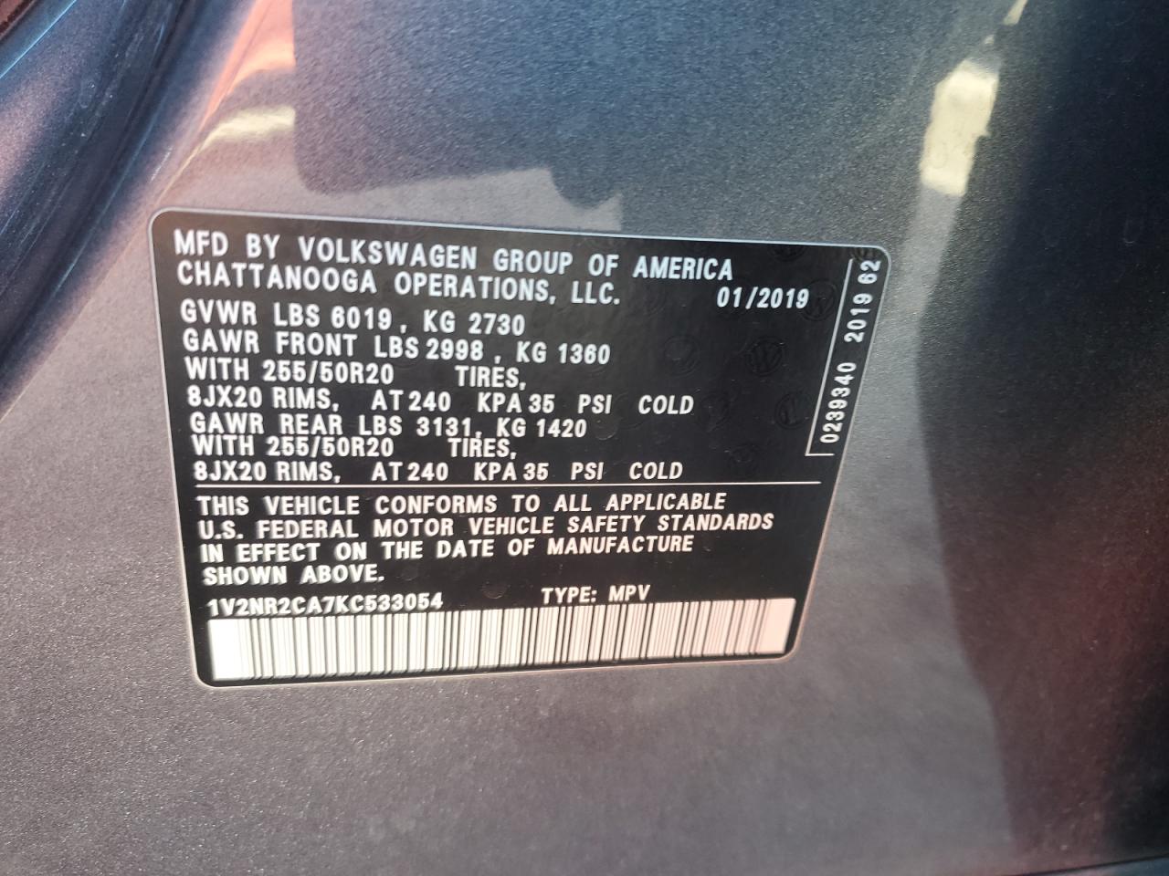 2019 Volkswagen Atlas VIN 1V2NR2CA7KC533054 Copart auction photo, front end damage thumbnail 15