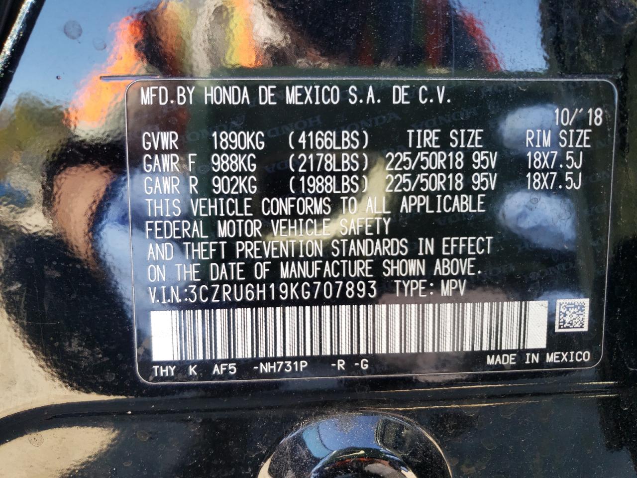 2019 Honda HR-V VIN 3CZRU6H19KG707893 Copart auction photo, front end damage thumbnail 13