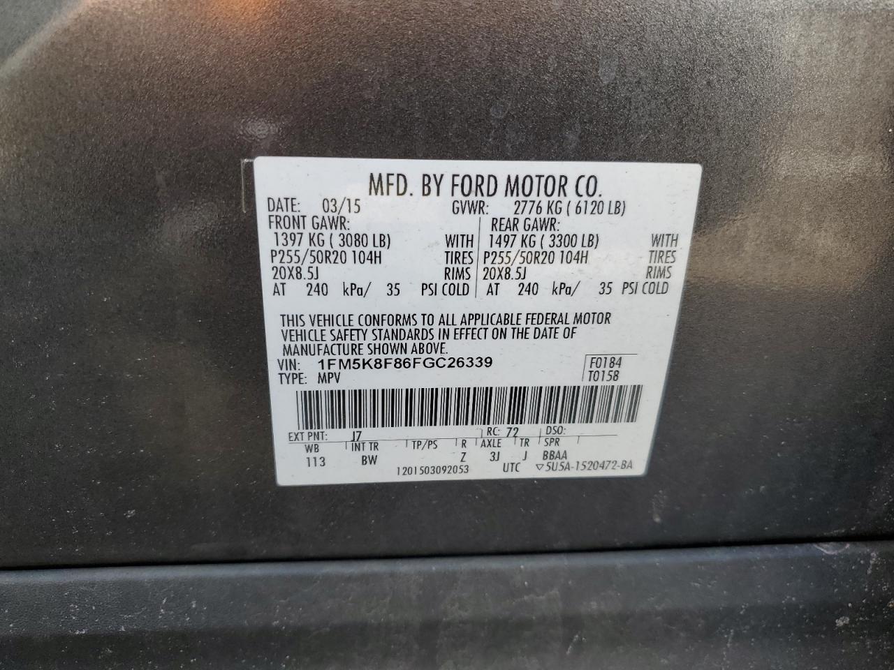 2015 Ford Explorer VIN 1FM5K8F86FGC26339 Copart auction photo, front end / rear end damage thumbnail 16