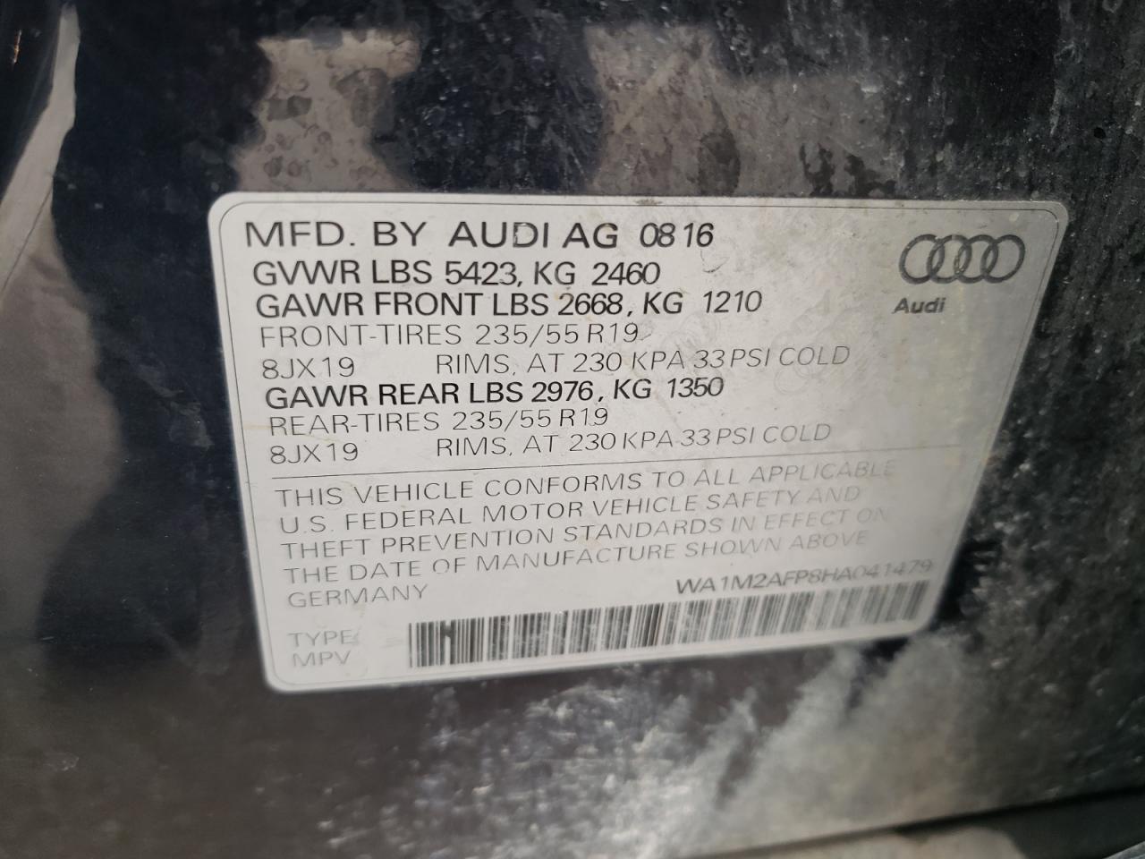 2017 Audi Q5 VIN WA1M2AFP8HA041479 Copart auction photo, front end damage thumbnail 14