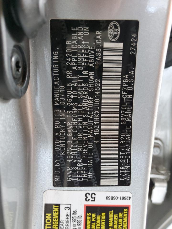 2018 Toyota Camry VIN 4T1BZ1HKXJU014522 Copart auction photo, all over damage thumbnail 14