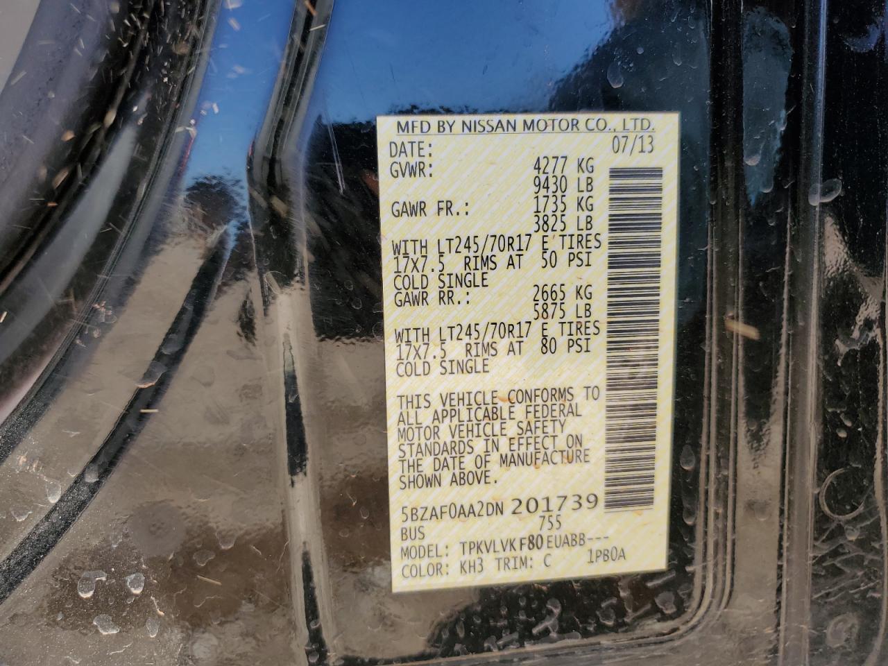 2013 Nissan NV VIN 5BZAF0AA2DN201739 Copart auction photo, top/roof / minor dent/scratches damage thumbnail 13