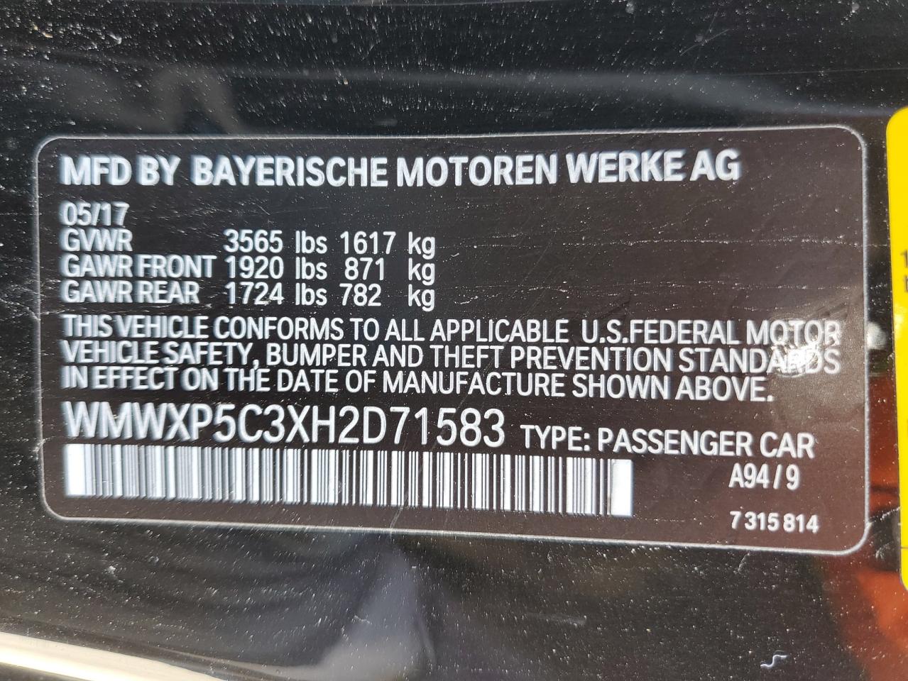 2017 MINI Cooper VIN WMWXP5C3XH2D71583 Copart auction photo, front end damage thumbnail 13