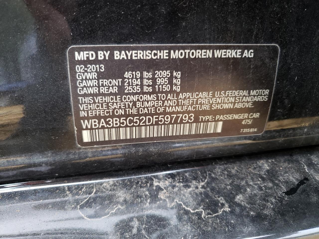 2013 BMW 3er VIN WBA3B5C52DF597793 Copart auction photo, front end / minor dent/scratches damage thumbnail 14