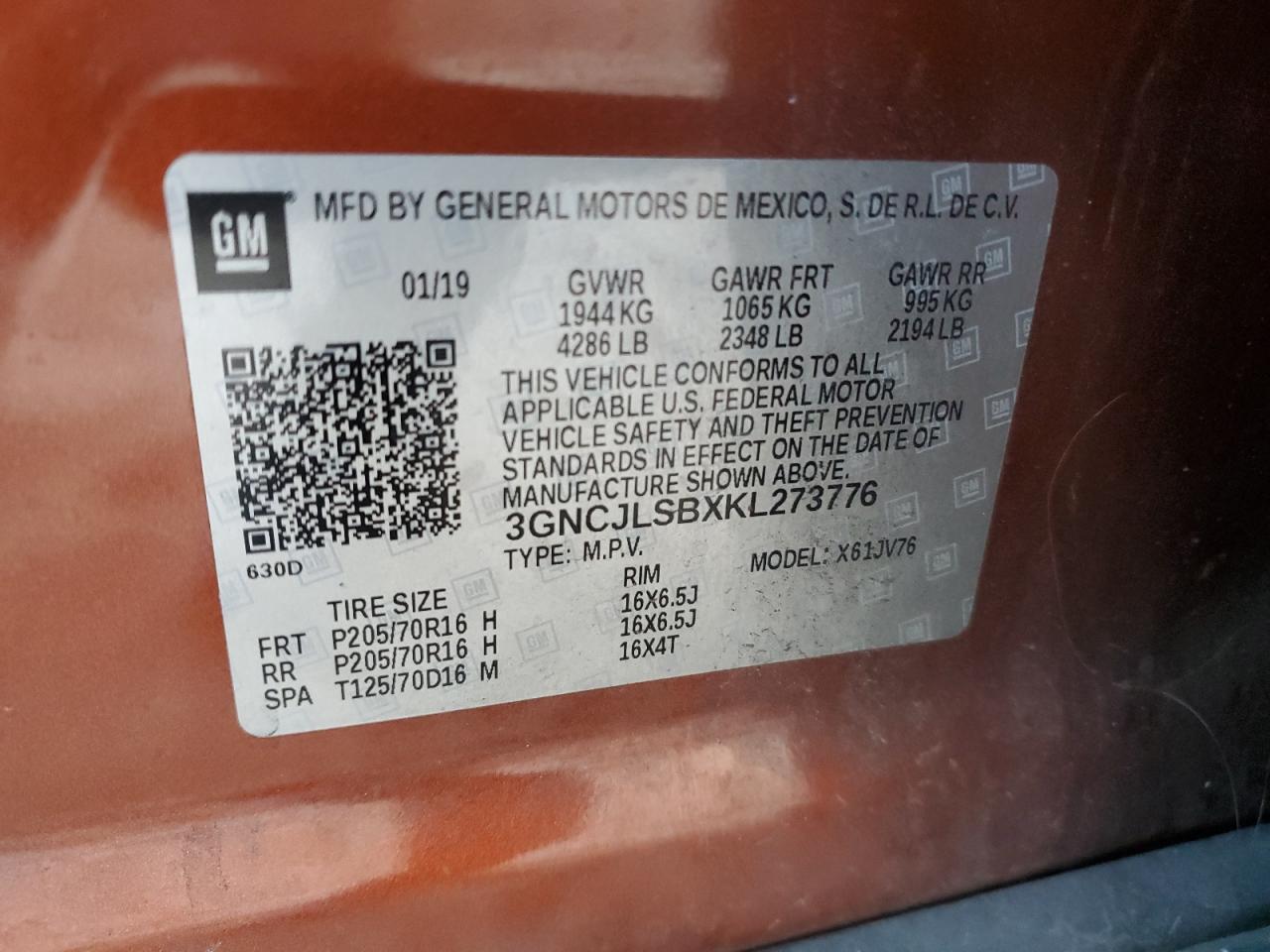 2019 Chevrolet Trax VIN 3GNCJLSBXKL273776 Copart auction photo, mechanical / front end damage thumbnail 15