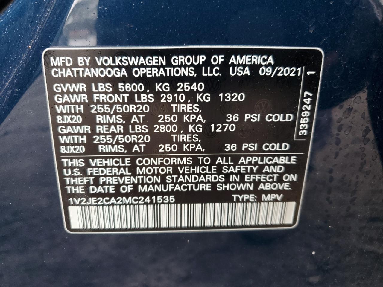 2021 Volkswagen Atlas VIN 1V2JE2CA2MC241535 Copart auction photo, rear end / front end damage thumbnail 13
