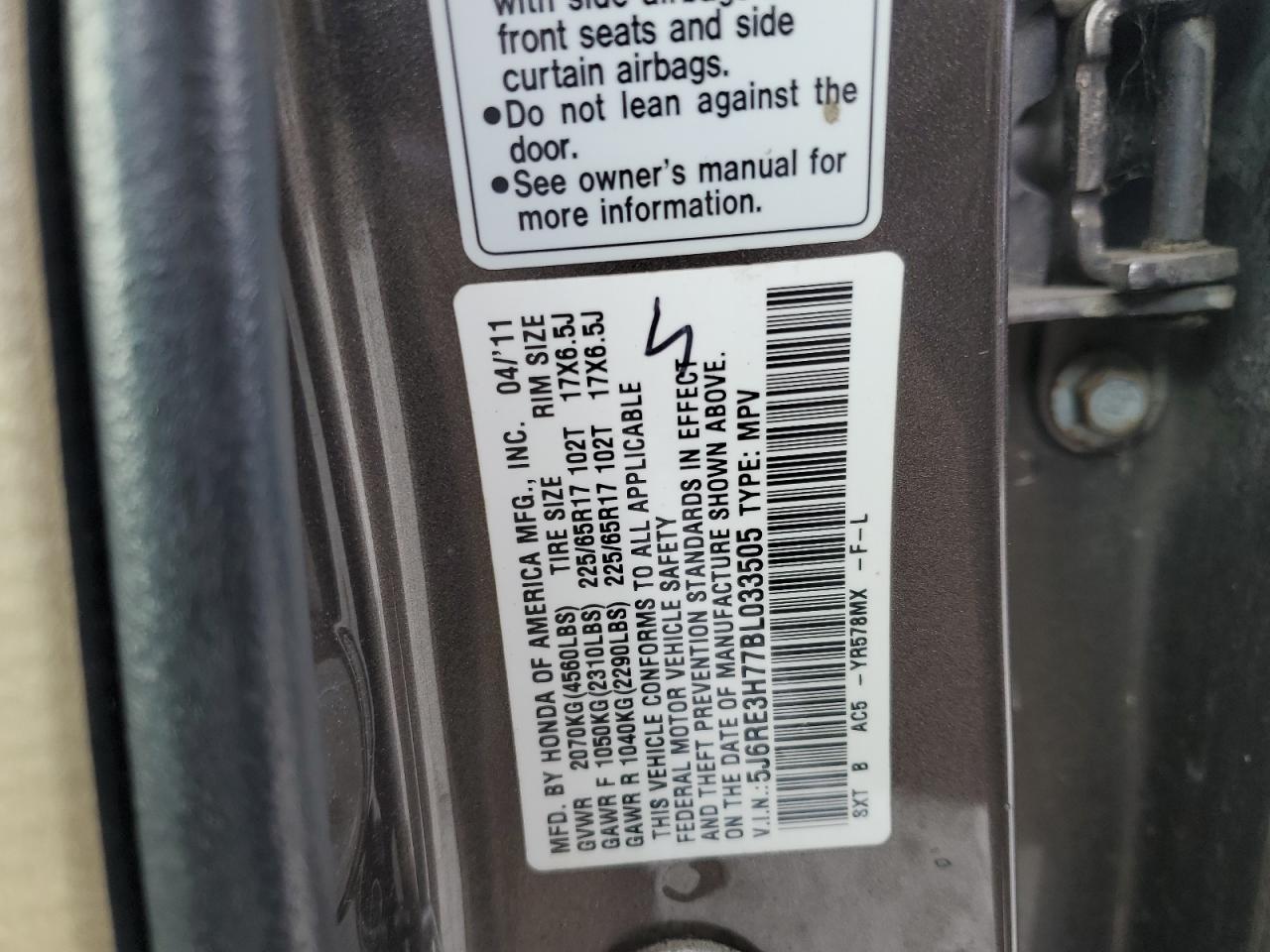 2011 Honda CR-V VIN 5J6RE3H77BL033505 Copart auction photo, front end damage thumbnail 13