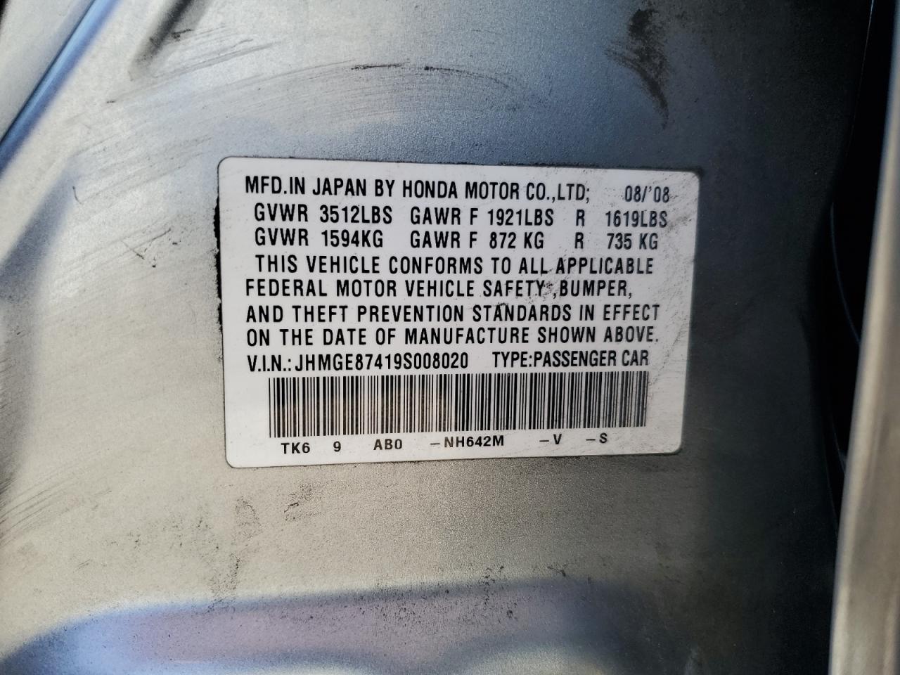 2009 Honda Fit VIN JHMGE87419S008020 Copart auction photo, front end damage thumbnail 15