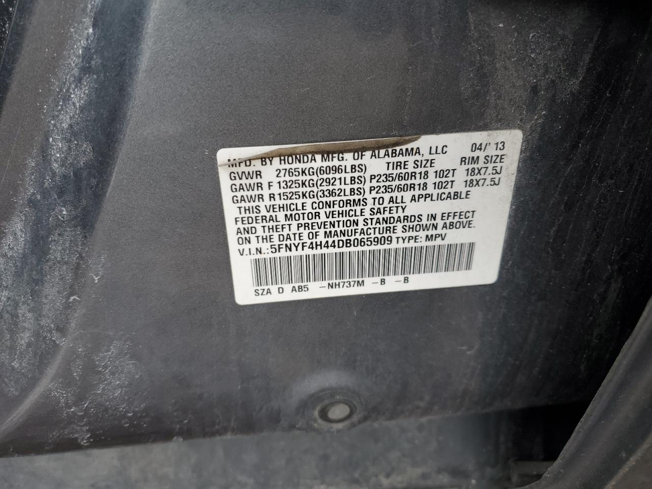 2013 Honda Pilot VIN 5FNYF4H44DB065909 Copart auction photo, side / rear end damage thumbnail 13