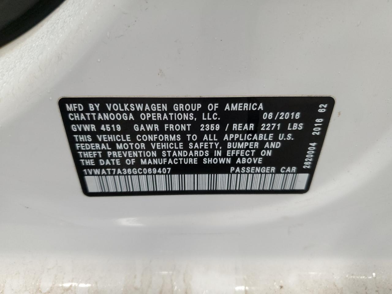 2016 Volkswagen Passat VIN 1VWAT7A36GC069407 Copart auction photo, water/flood damage thumbnail 12