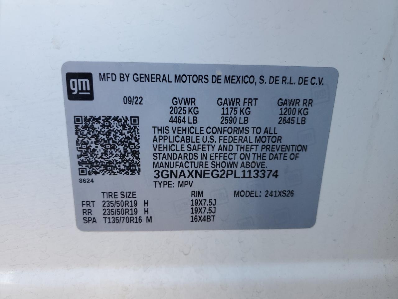 2023 Chevrolet Equinox VIN 3GNAXNEG2PL113374 Copart auction photo, top/roof damage thumbnail 15