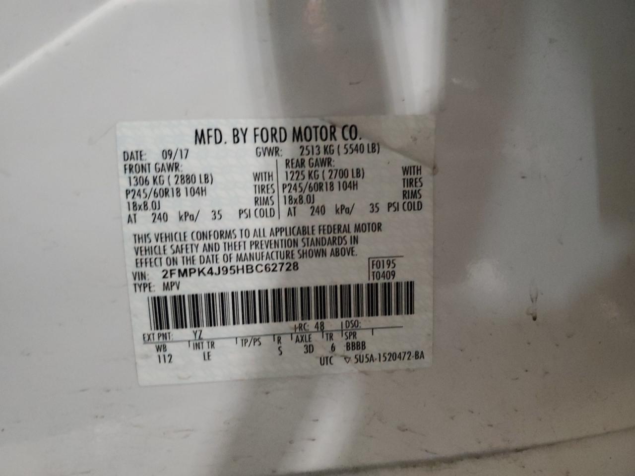 2017 Ford Edge VIN 2FMPK4J95HBC62728 Copart auction photo, all over / undercarriage damage thumbnail 13