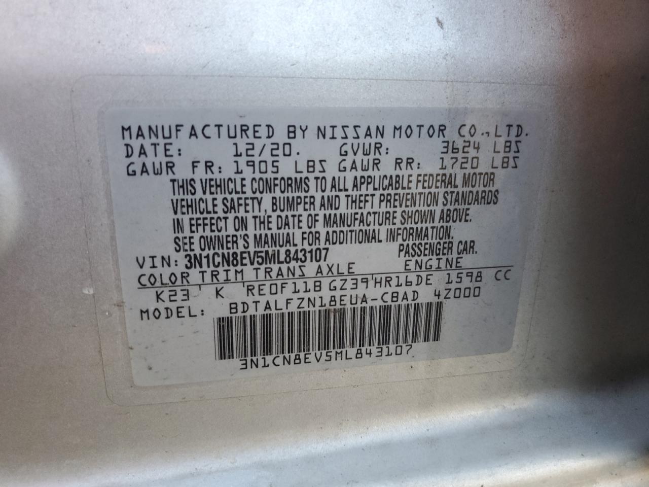 2021 Nissan Versa VIN 3N1CN8EV5ML843107 Copart auction photo, front end / minor dent/scratches damage thumbnail 12