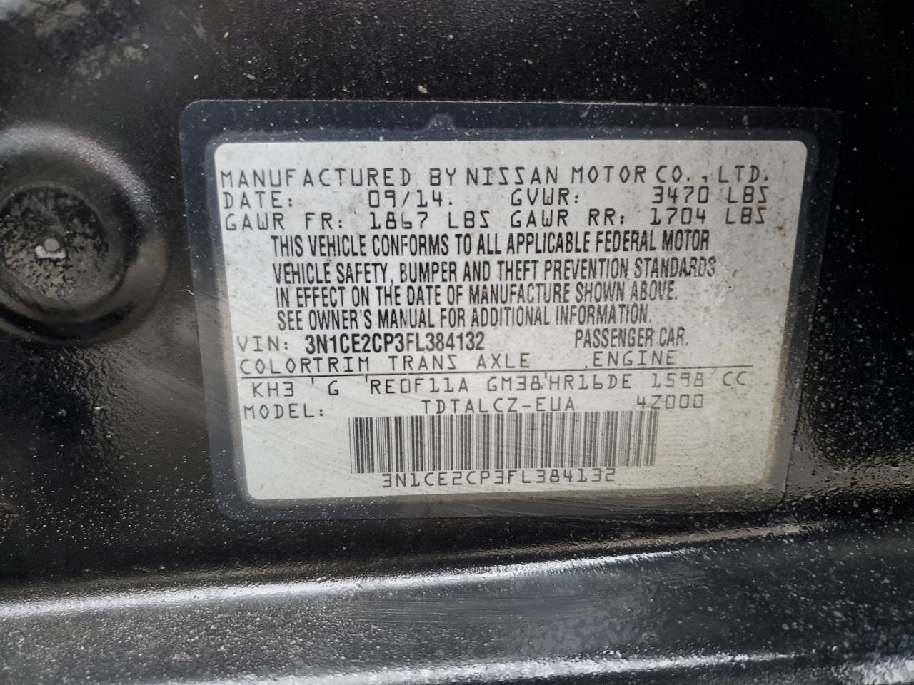 2015 Nissan Versa VIN 3N1CE2CP3FL384132 Copart auction photo, rear end / minor dent/scratches damage thumbnail 13