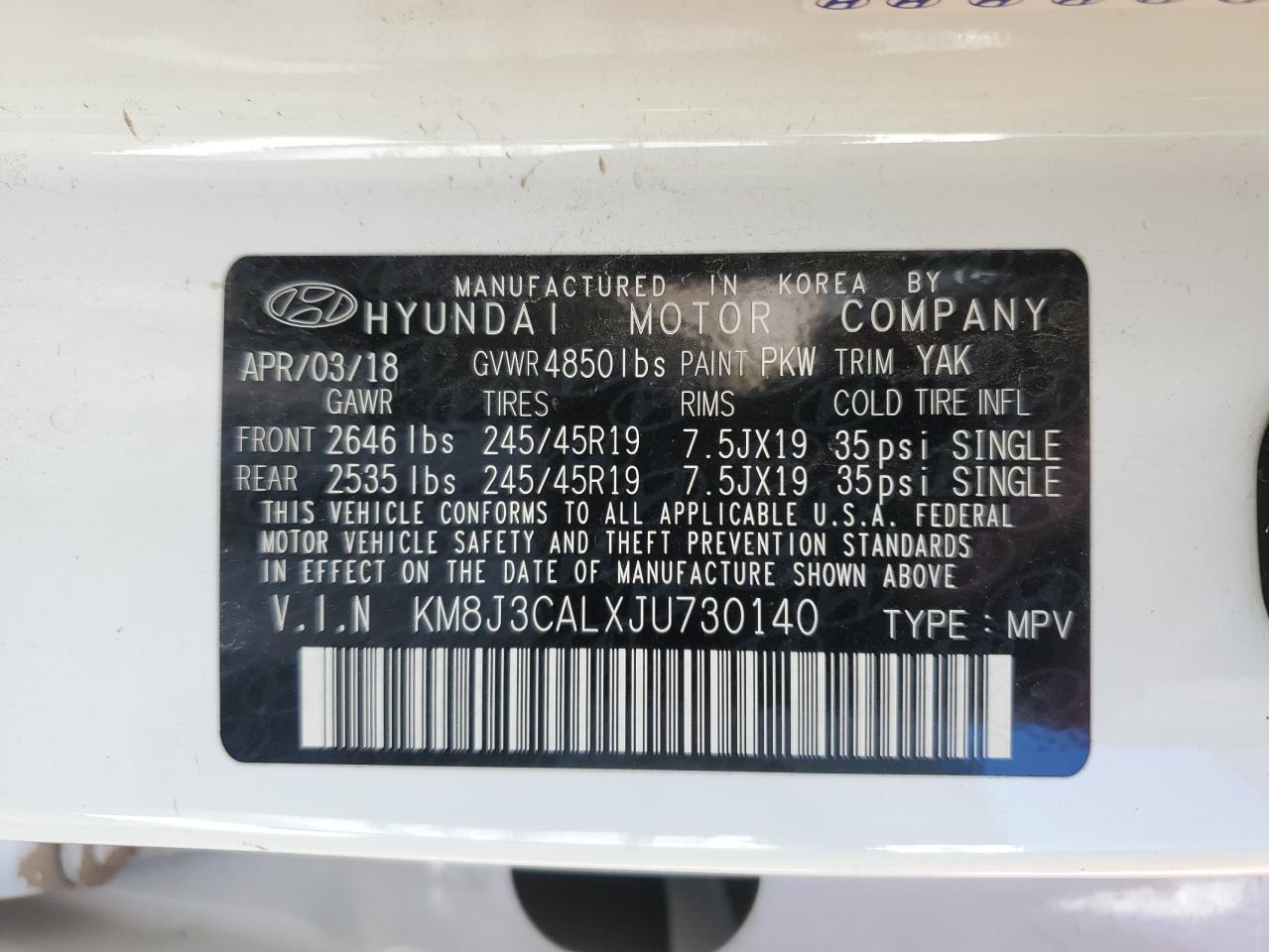 2018 Hyundai Tucson VIN KM8J3CALXJU730140 Copart auction photo, all over damage thumbnail 14