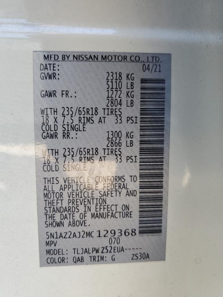 2021 Nissan Murano VIN 5N1AZ2AJ2MC129368 Copart auction photo, front end / side damage thumbnail 14