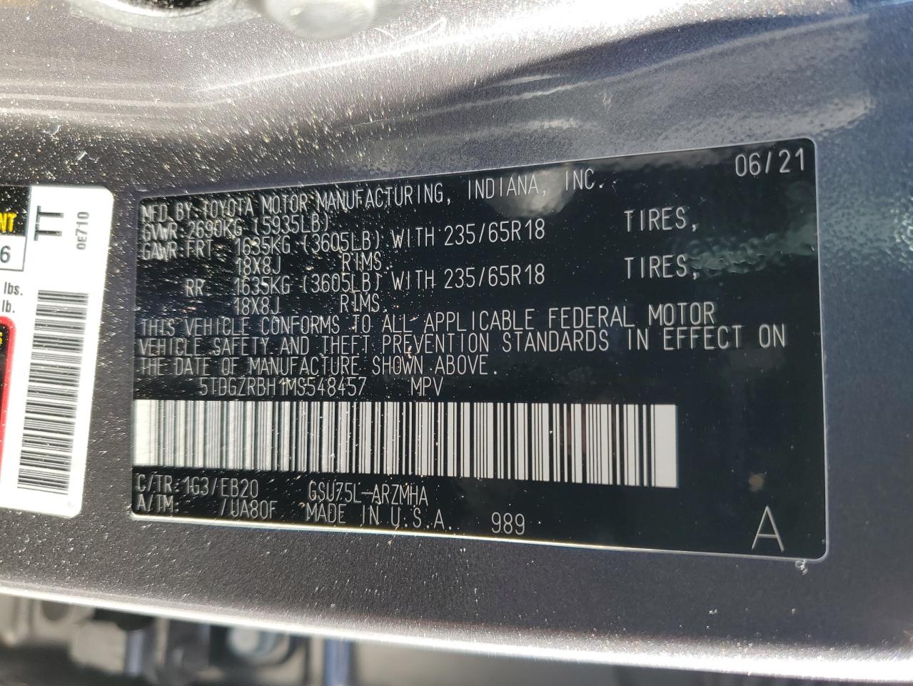 2021 Toyota Highlander VIN 5TDGZRBH1MS548457 Copart auction photo, front end / side damage thumbnail 14