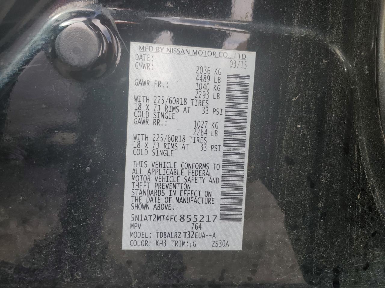 2015 Nissan Rogue VIN 5N1AT2MT4FC855217 Copart auction photo, all over damage thumbnail 15