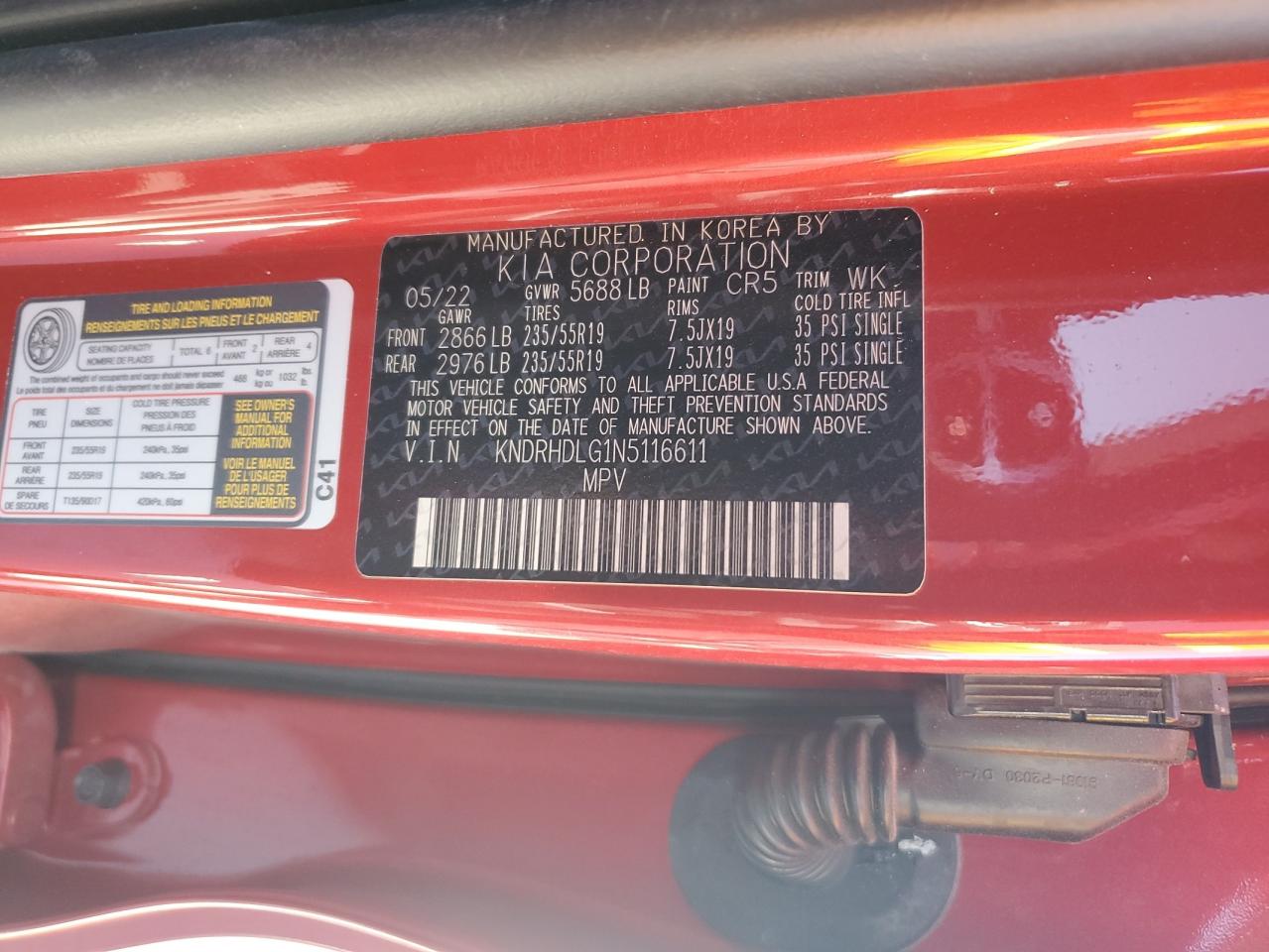 2022 KIA Sorento VIN KNDRHDLG1N5116611 Copart auction photo, side / rear end damage thumbnail 15
