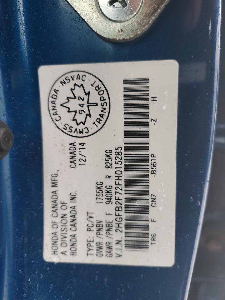2015 Honda Civic VIN 2HGFB2F72FH015285 Copart auction photo, front end / side damage thumbnail 12