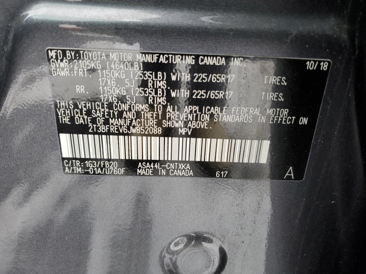 2018 Toyota RAV 4 VIN 2T3BFREV6JW852088 Copart auction photo, front end / rear end damage thumbnail 13