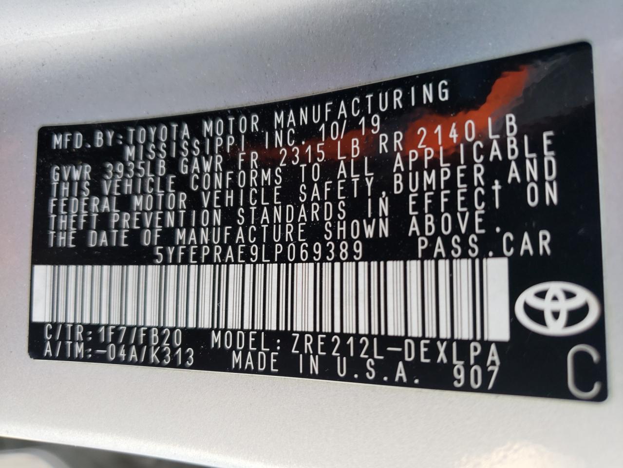 2020 Toyota Corolla VIN 5YFEPRAE9LP069389 Copart auction photo, all over damage thumbnail 13