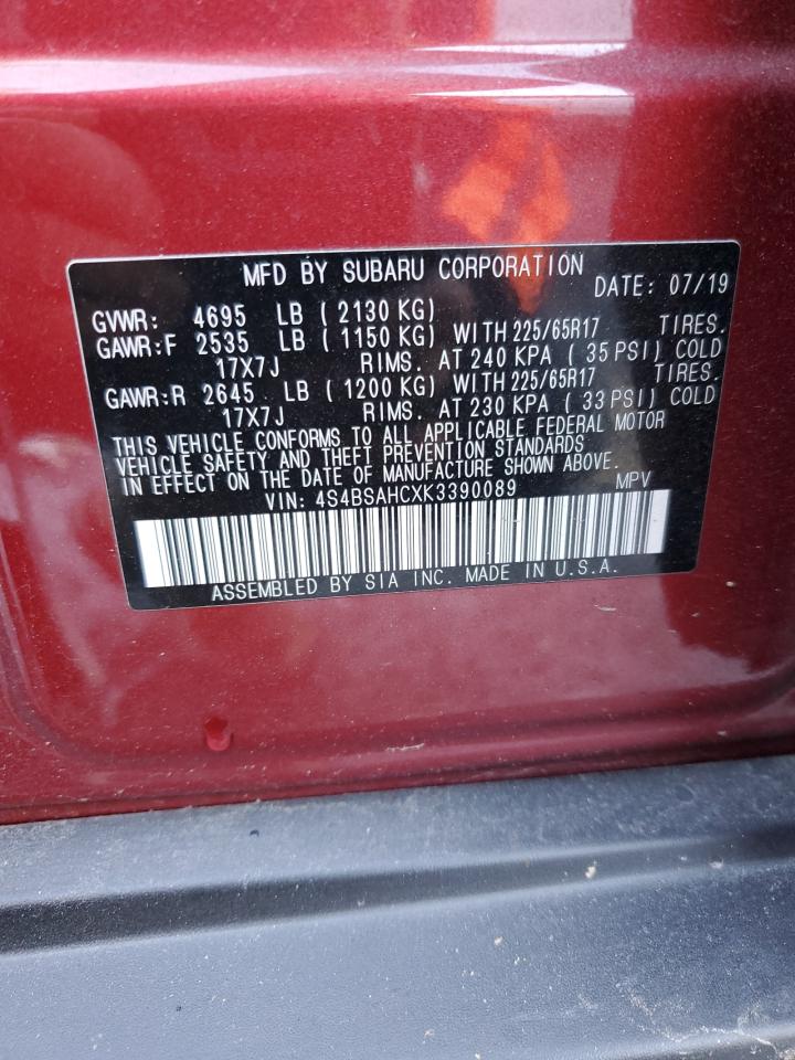 2019 Subaru Outback VIN 4S4BSAHCXK3390089 Copart auction photo, rear end damage thumbnail 13