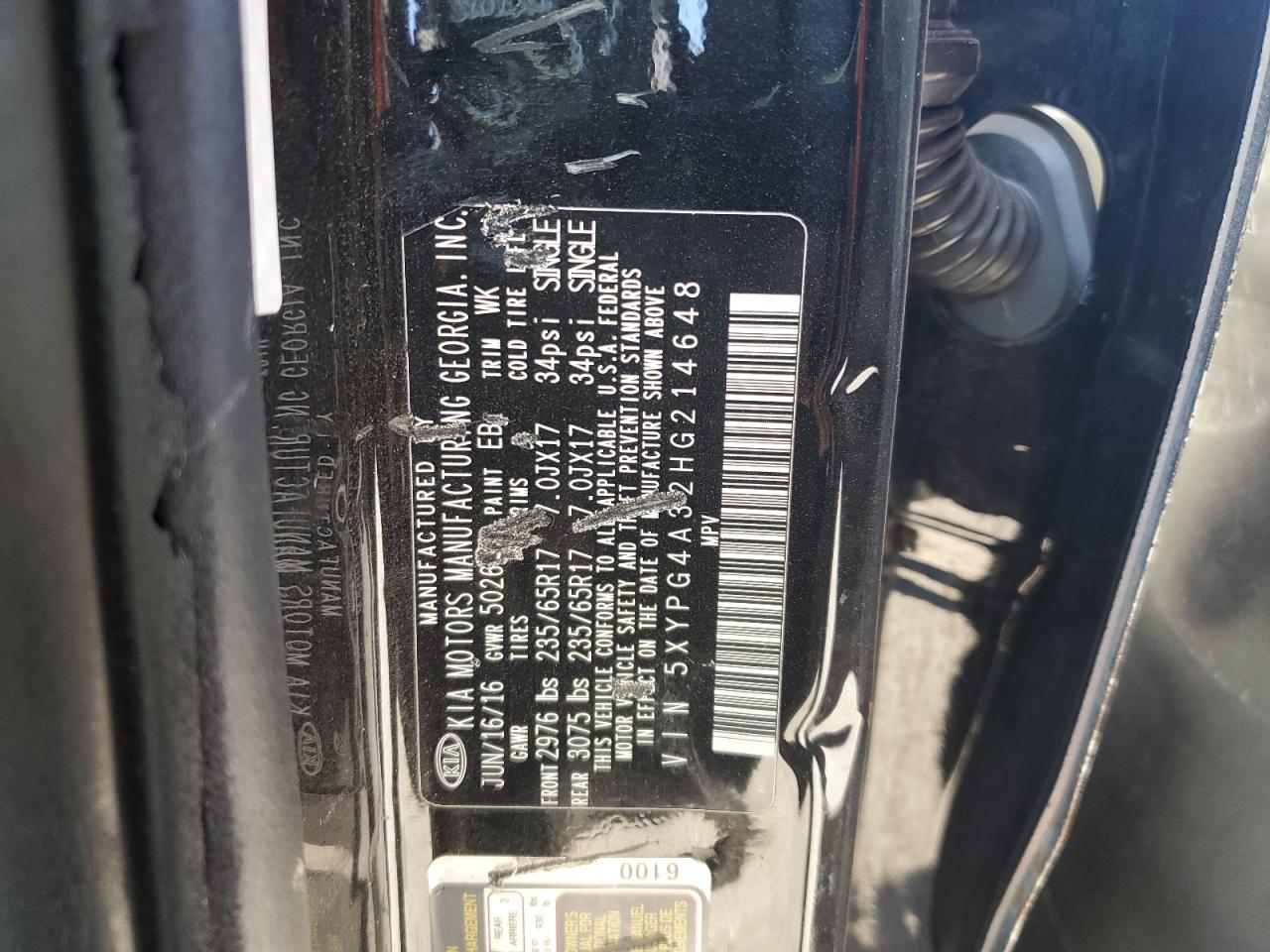 2017 KIA Sorento VIN 5XYPG4A32HG214648 Copart auction photo, all over damage thumbnail 15