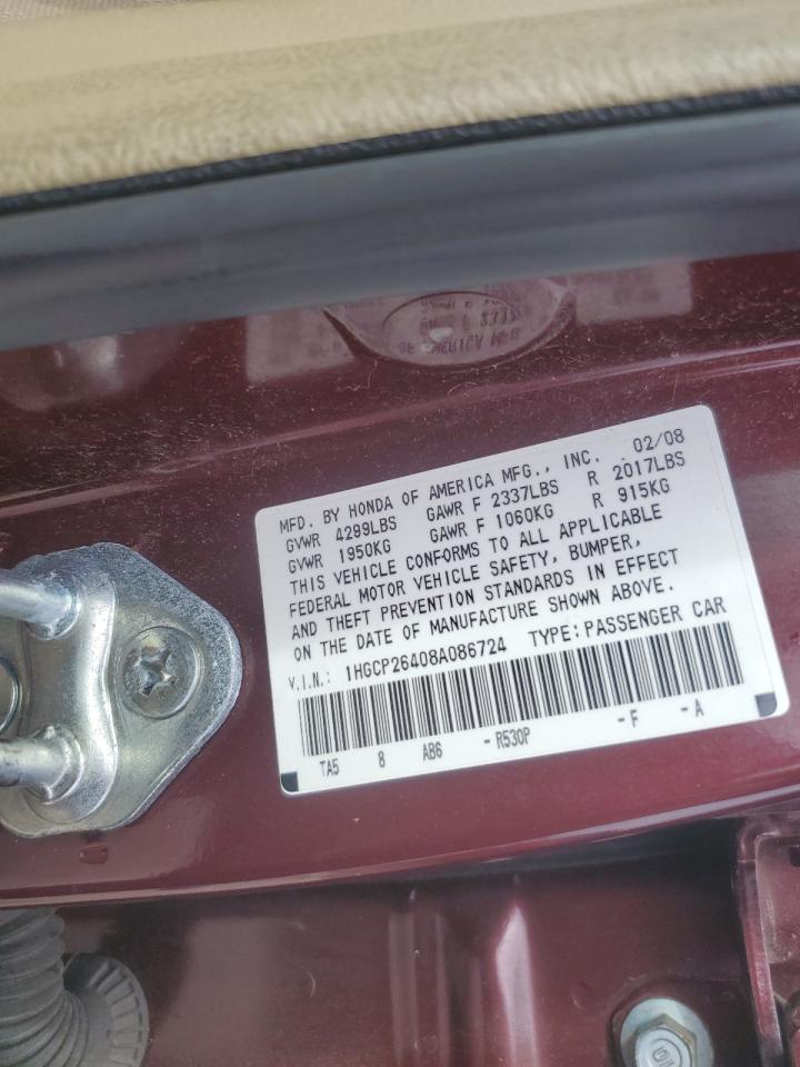 2008 Honda Accord VIN 1HGCP26408A086724 Copart auction photo, front end damage thumbnail 12