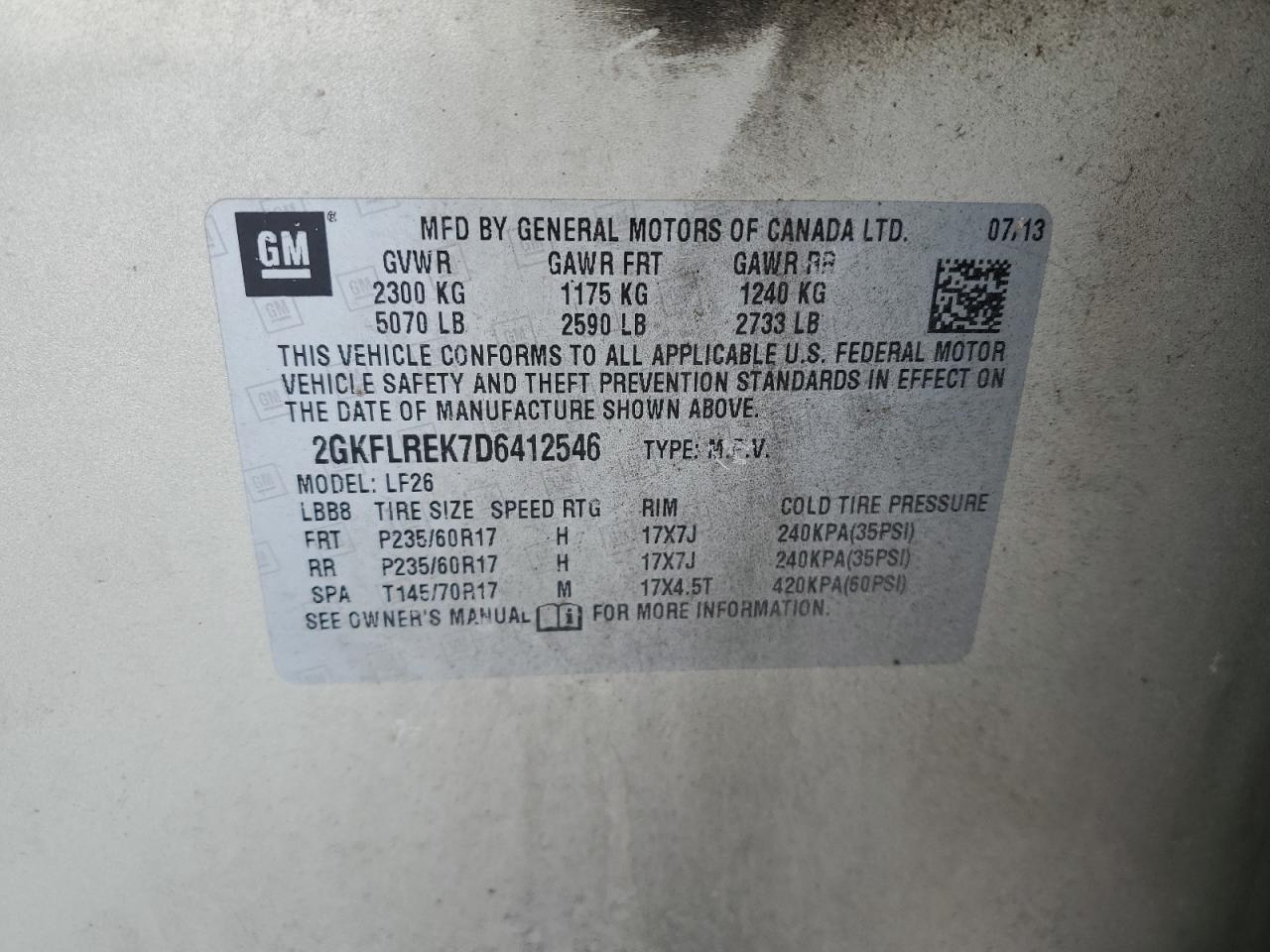2013 GMC Terrain VIN 2GKFLREK7D6412546 Copart auction photo, mechanical damage thumbnail 13