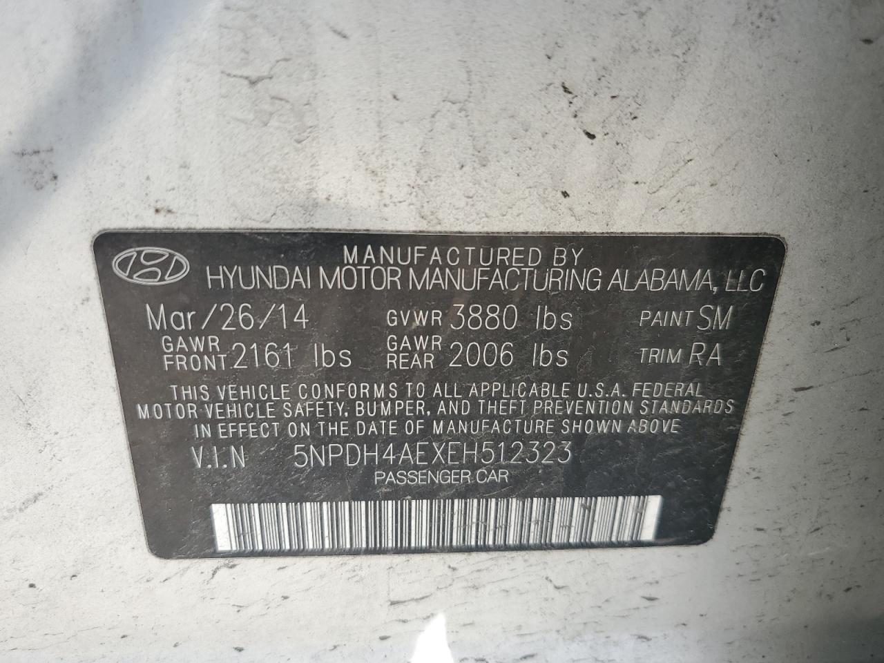 2014 Hyundai Elantra VIN 5NPDH4AEXEH512323 Copart auction photo, side / rear end damage thumbnail 12