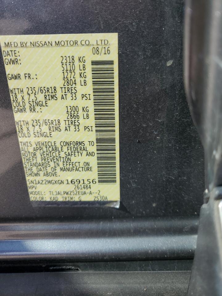 2016 Nissan Murano VIN 5N1AZ2MGXGN169156 Copart auction photo, front end damage thumbnail 14