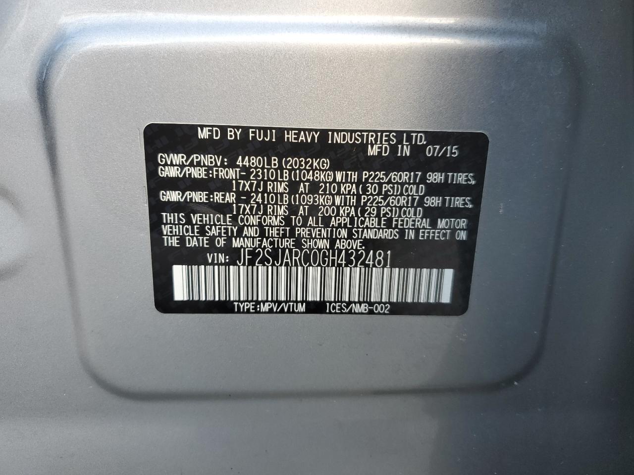 2016 Subaru Forester VIN JF2SJARC0GH432481 Copart auction photo, rear end damage thumbnail 13