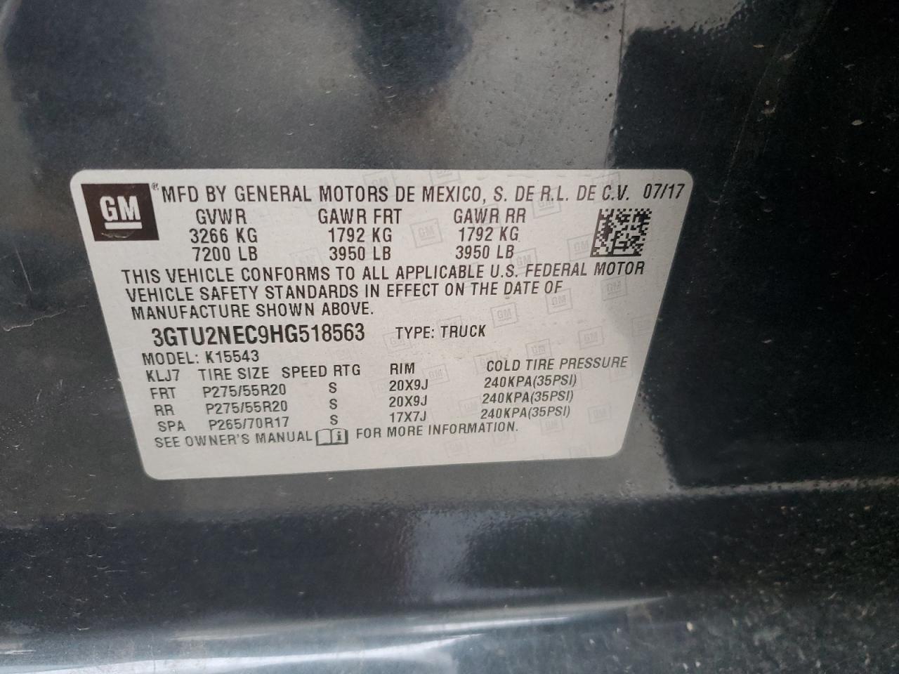 2017 GMC Sierra VIN 3GTU2NEC9HG518563 Copart auction photo, side / undercarriage damage thumbnail 12
