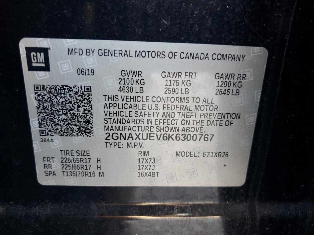 2019 Chevrolet Equinox VIN 2GNAXUEV6K6300767 Copart auction photo, front end / side damage thumbnail 16