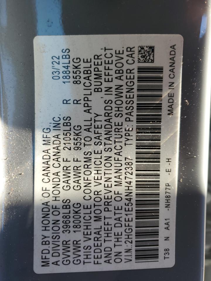 2022 Honda Civic VIN 2HGFE1E54NH472387 Copart auction photo, all over damage thumbnail 15