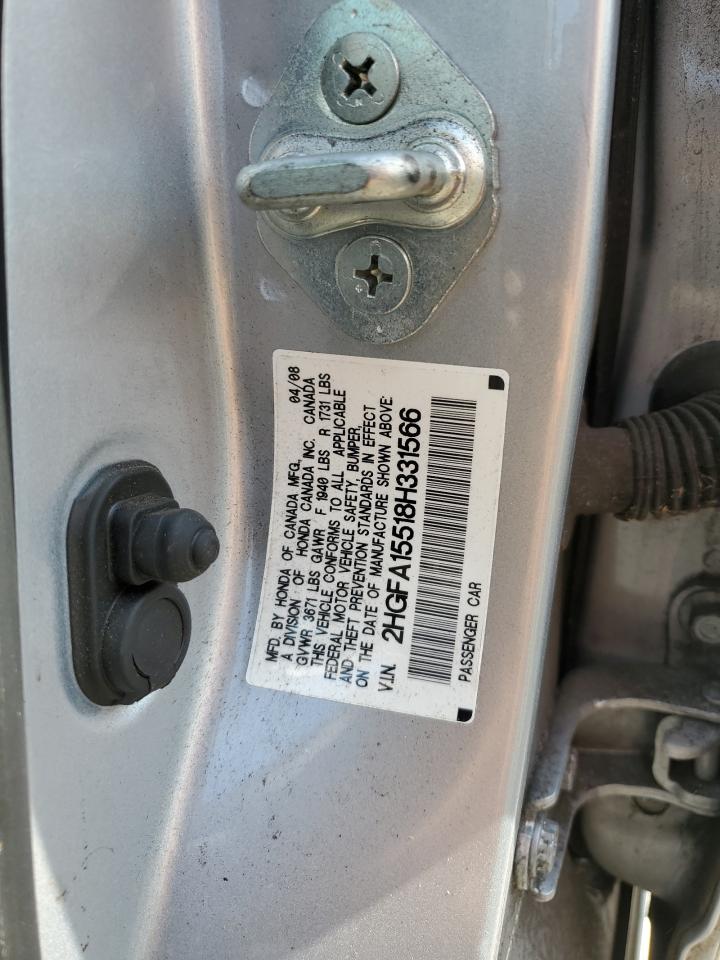 2008 Honda Civic VIN 2HGFA15518H331566 Copart auction photo, all over damage thumbnail 12