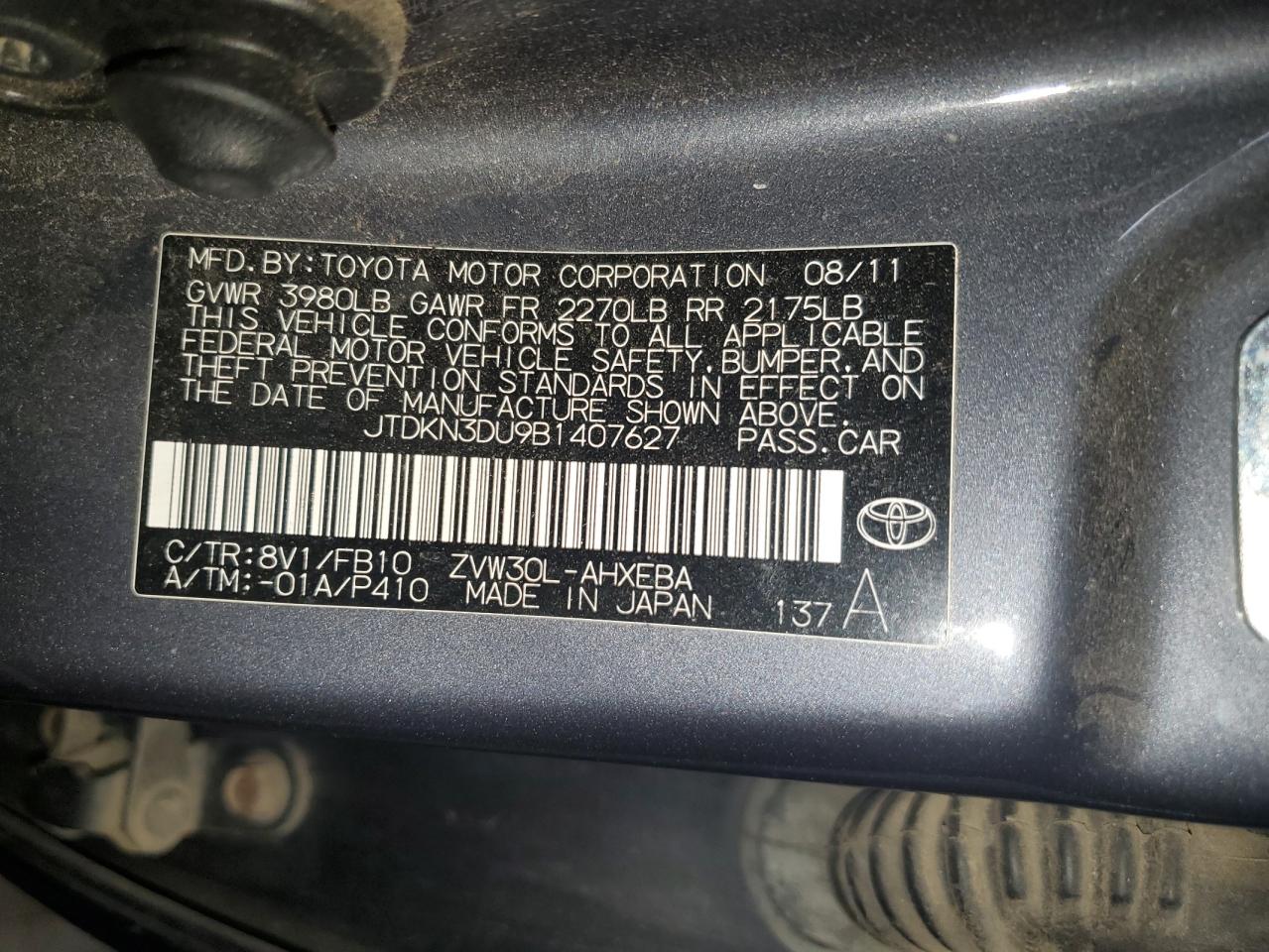 2011 Toyota Prius VIN JTDKN3DU9B1407627 Copart auction photo, mechanical damage thumbnail 12