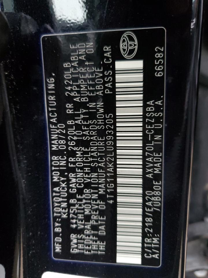 2020 Toyota Camry VIN 4T1G11AK2LU993205 Copart auction photo, front end / rear end damage thumbnail 12