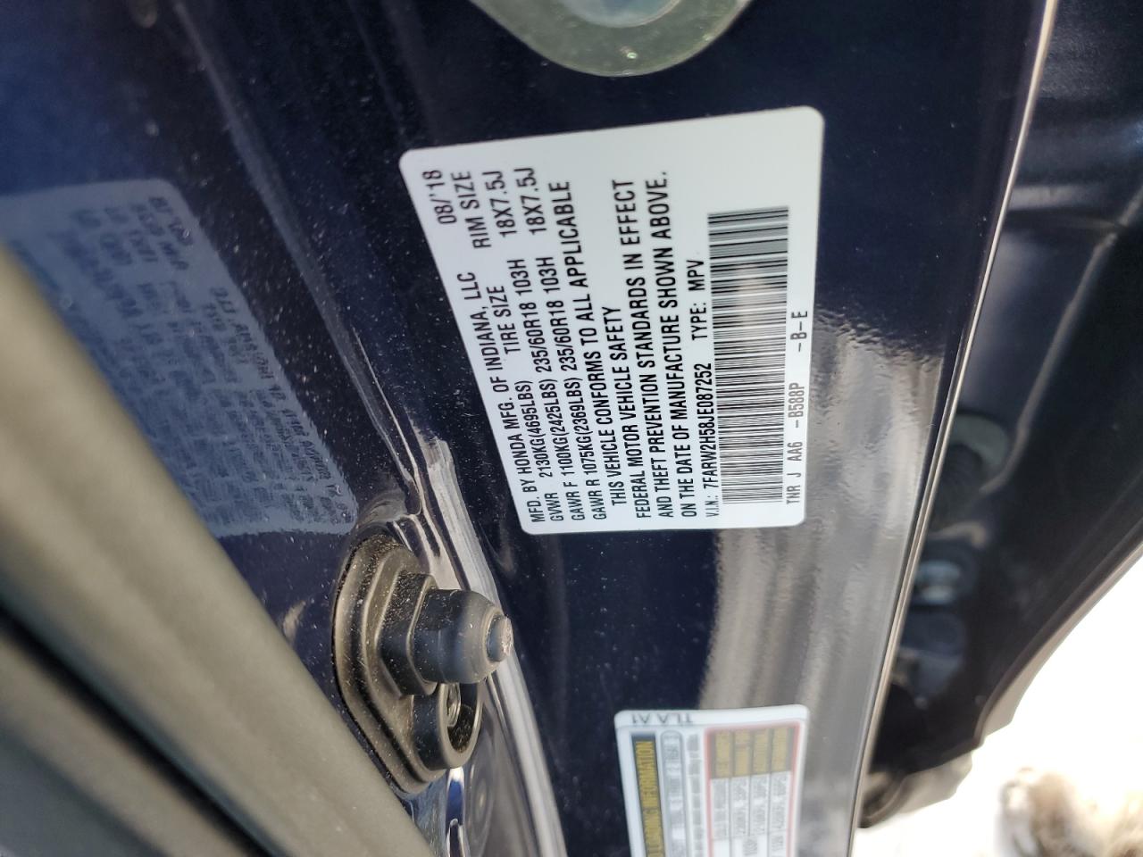 2018 Honda CR-V VIN 7FARW2H58JE087252 Copart auction photo, front end damage thumbnail 14