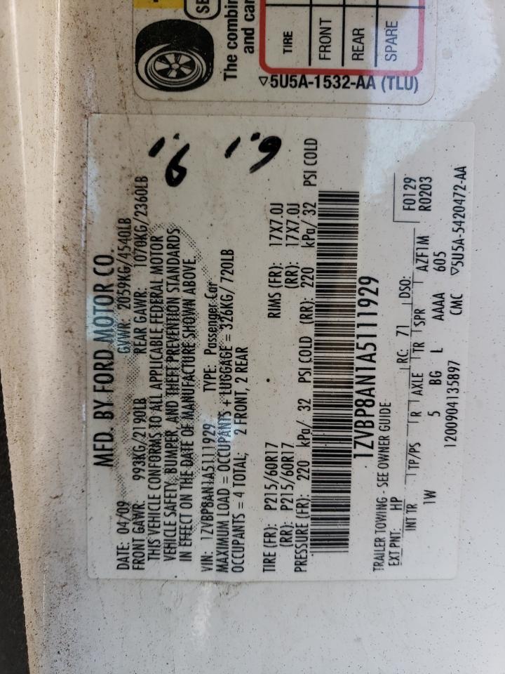 2010 Ford Mustang VIN 1ZVBP8AN1A5111929 Copart auction photo, side damage thumbnail 12