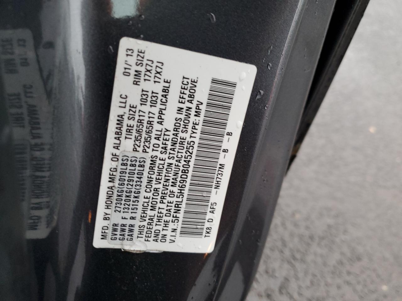 2013 Honda Odyssey VIN 5FNRL5H69DB045255 Copart auction photo, side damage thumbnail 13