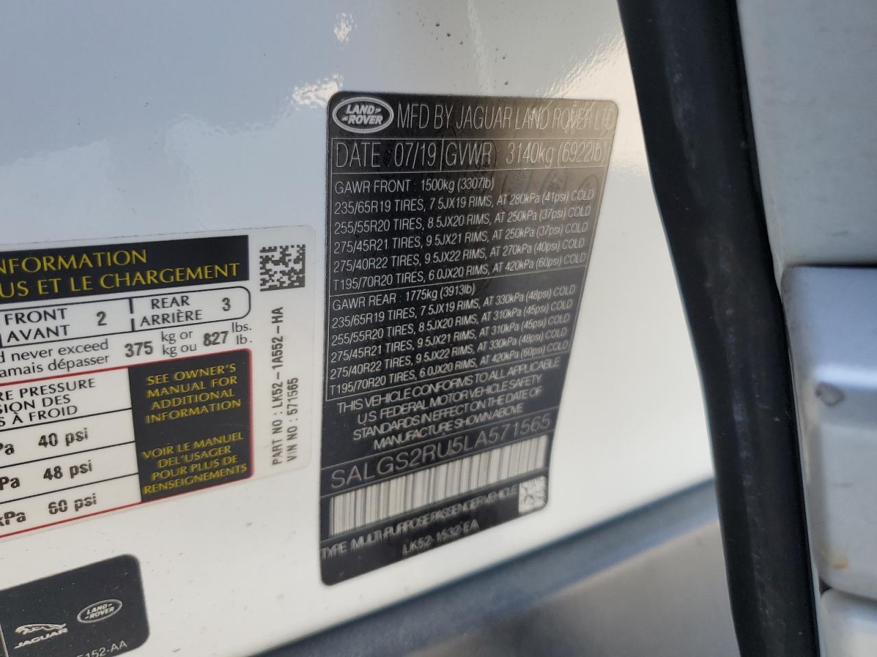 2020 Land Rover Range Rover VIN SALGS2RU5LA571565 Copart auction photo, front end / minor dent/scratches damage thumbnail 15
