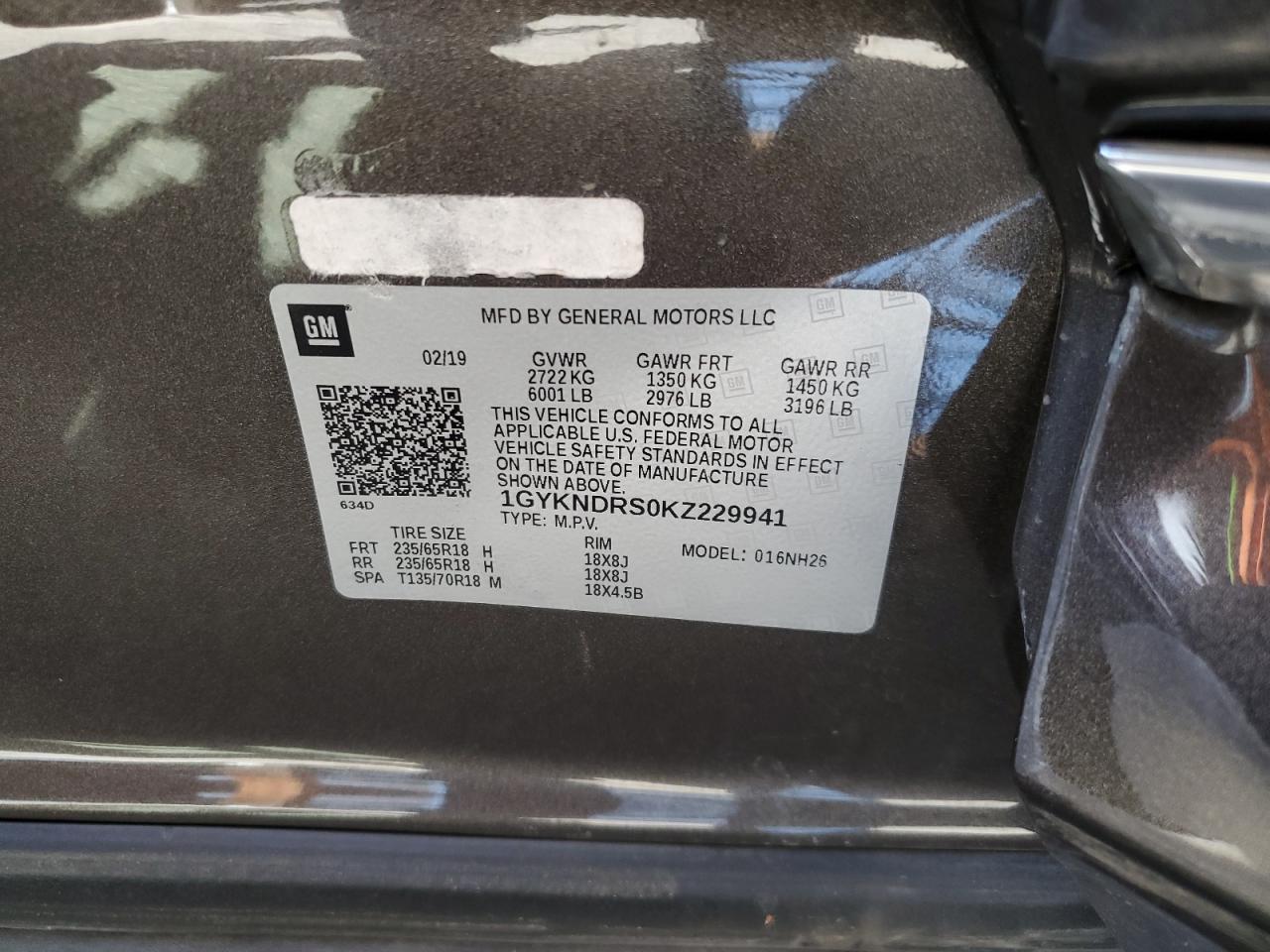 2019 Cadillac XT5 VIN 1GYKNDRS0KZ229941 Copart auction photo, rear end / side damage thumbnail 15