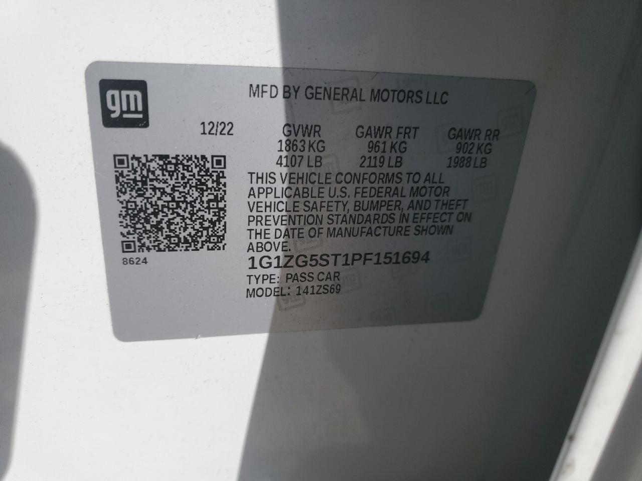 2023 Chevrolet Malibu VIN 1G1ZG5ST1PF151694 Copart auction photo, front end damage thumbnail 12