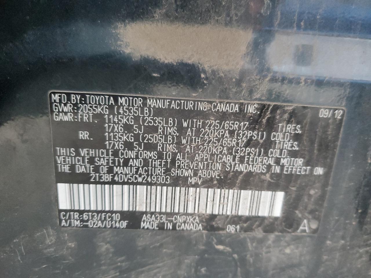 2012 Toyota RAV 4 VIN 2T3BF4DV5CW249303 Copart auction photo, front end damage thumbnail 16