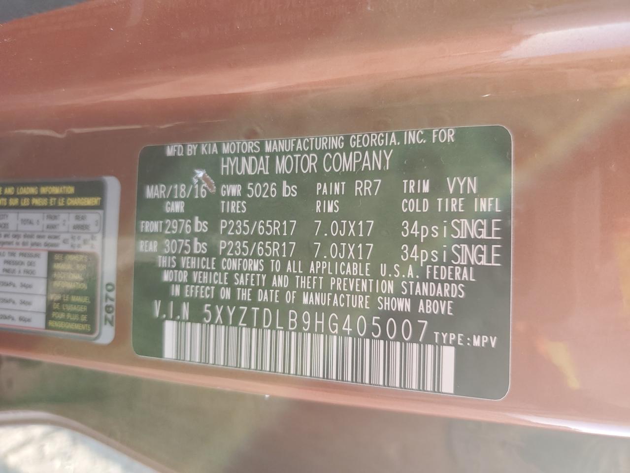 2017 Hyundai Santa Fe VIN 5XYZTDLB9HG405007 Copart auction photo, rear end damage thumbnail 13
