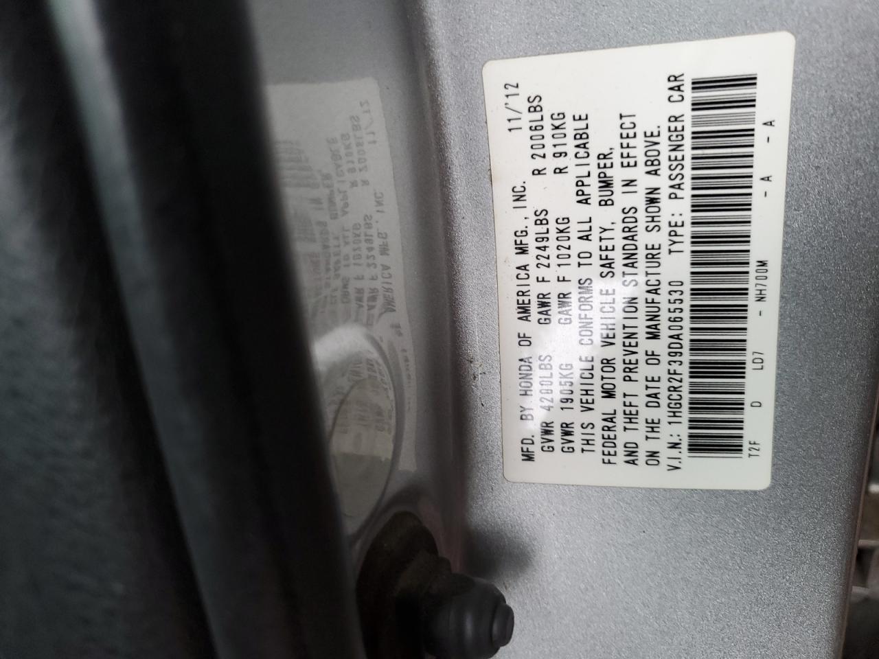2013 Honda Accord VIN 1HGCR2F39DA065530 Copart auction photo, rear end damage thumbnail 12