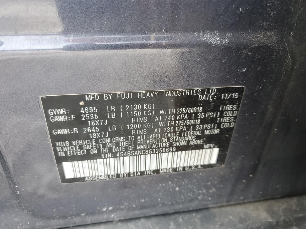 2016 Subaru Outback VIN 4S4BSANC8G3258699 Copart auction photo, front end damage thumbnail 12